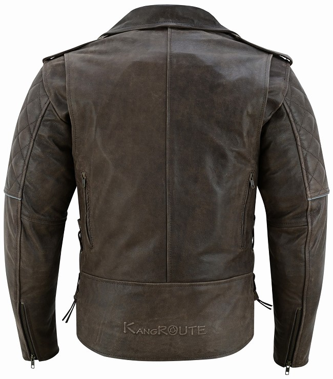 CHAQUETA CAZADORA CRUZADA DE MOTO EN CUERO VINTAGE RETRO FORRO Y PROTECTORES EXTRAIBLES