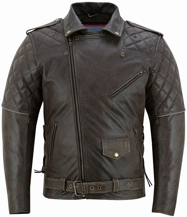 CHAQUETA CAZADORA CRUZADA DE MOTO EN CUERO VINTAGE RETRO FORRO Y PROTECTORES EXTRAIBLES