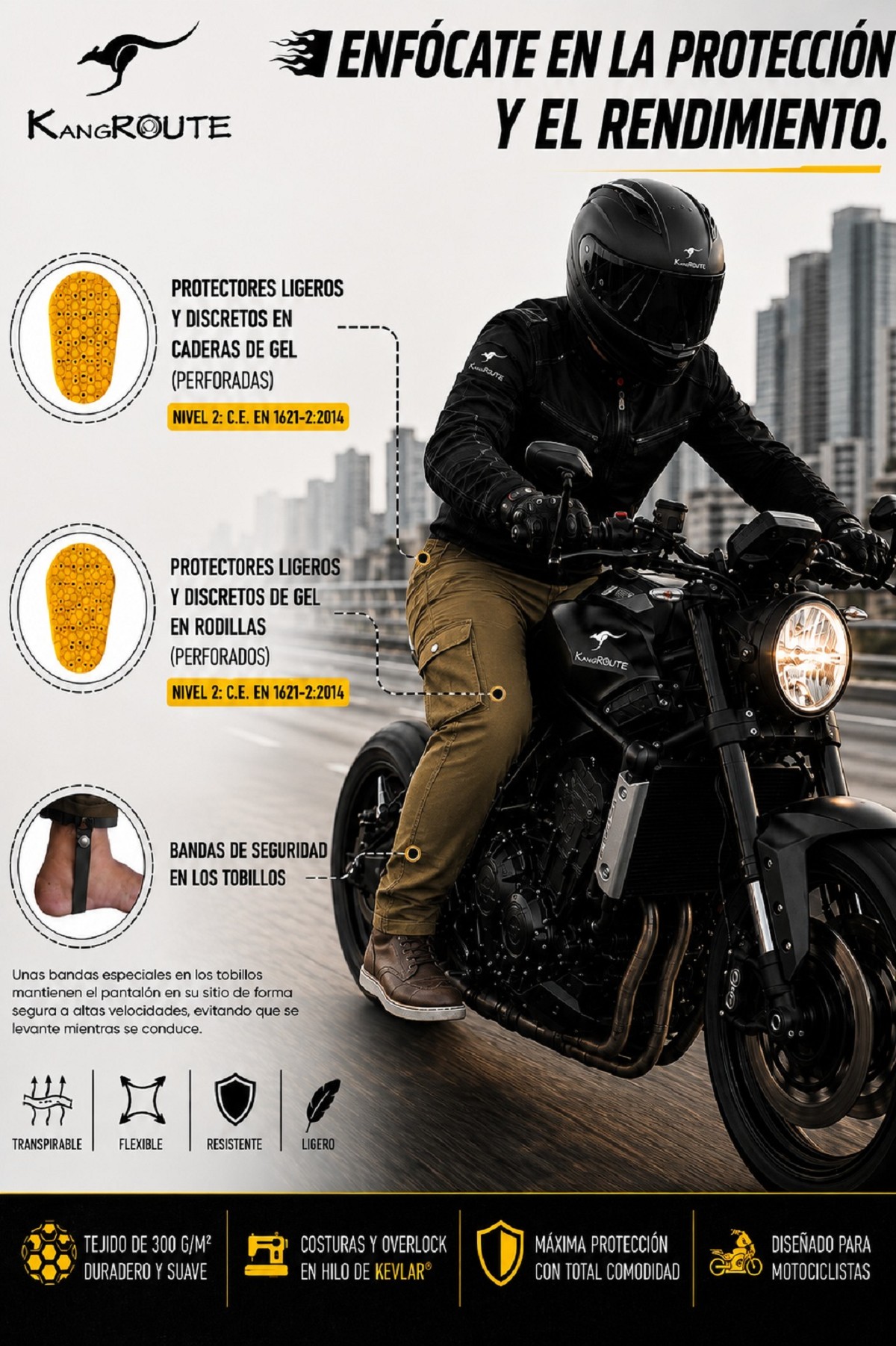 PANTALON DE MOTO VAQUERO ESTILO CHANDAL CARGO UNISEX, ELÁSTICO, 100% FORRADO EN KEVLAR® CON PROTECCIONES GEL CE NIVEL 2 PANTALON DE MOTO VAQUERO ESTILO CHANDAL CARGO UNISEX, ELÁSTICO, 100% FORRADO EN KEVLAR® CON PROTECCIONES GEL CE NIVEL 2
