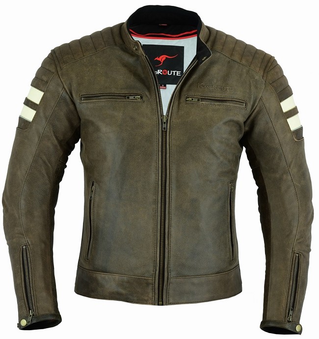 CHAQUETA DE MOTO EN CUERO ESTILO VINTAGE MARRON CON FORRO Y PROTECCIONES  EXTRAIBLES