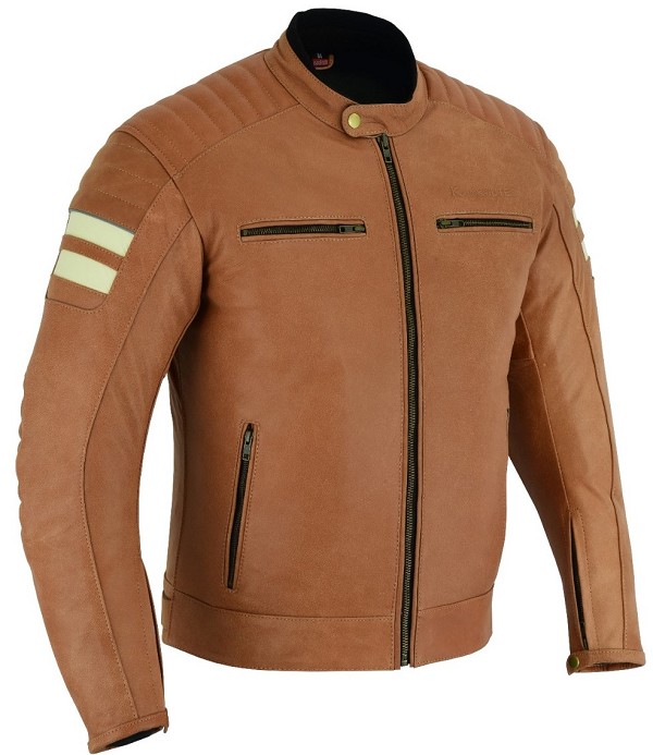 CHAQUETA DE MOTO EN PIEL BÚFALO ESTILO RETRO CAMEL CON FORRO Y PROTECCIONES CE EXTRAIBLES