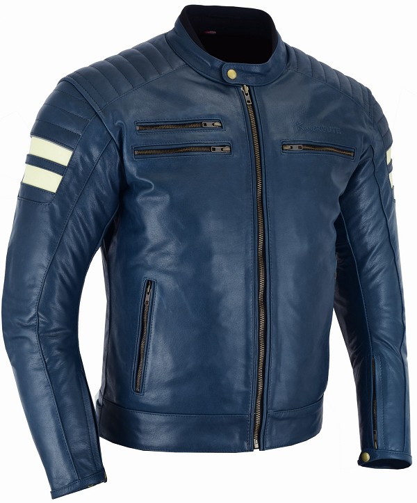 CHAQUETA DE MOTO EN PIEL ESTILO RETRO AZUL MARINO CON FORRO Y PROTECCIONES EXTRAIBLES