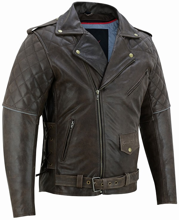 CHAQUETA CAZADORA CRUZADA DE MOTO EN CUERO VINTAGE RETRO, FORRO Y PROTECTORES EXTRAIBLES