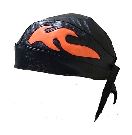 LEATHER CAP FOR CUSTOM MOTORCYCLE WITH ORANGE FLAMES PICTURE