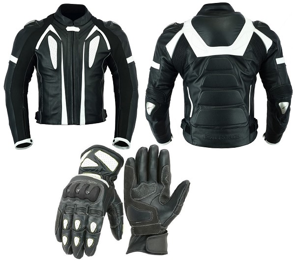 PACK DE CHAQUETA Y GUANTES DE MOTO EN PIEL CON PROTECCIONES