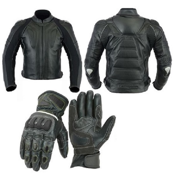 PACK DE CHAQUETA Y GUANTES DE MOTO EN PIEL CON PROTECCIONES