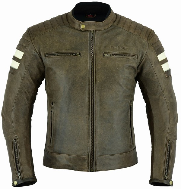 CHAQUETA DE MOTO EN CUERO ESTILO VINTAGE MARRON CON FORRO Y PROTECCIONES EXTRAIBLES